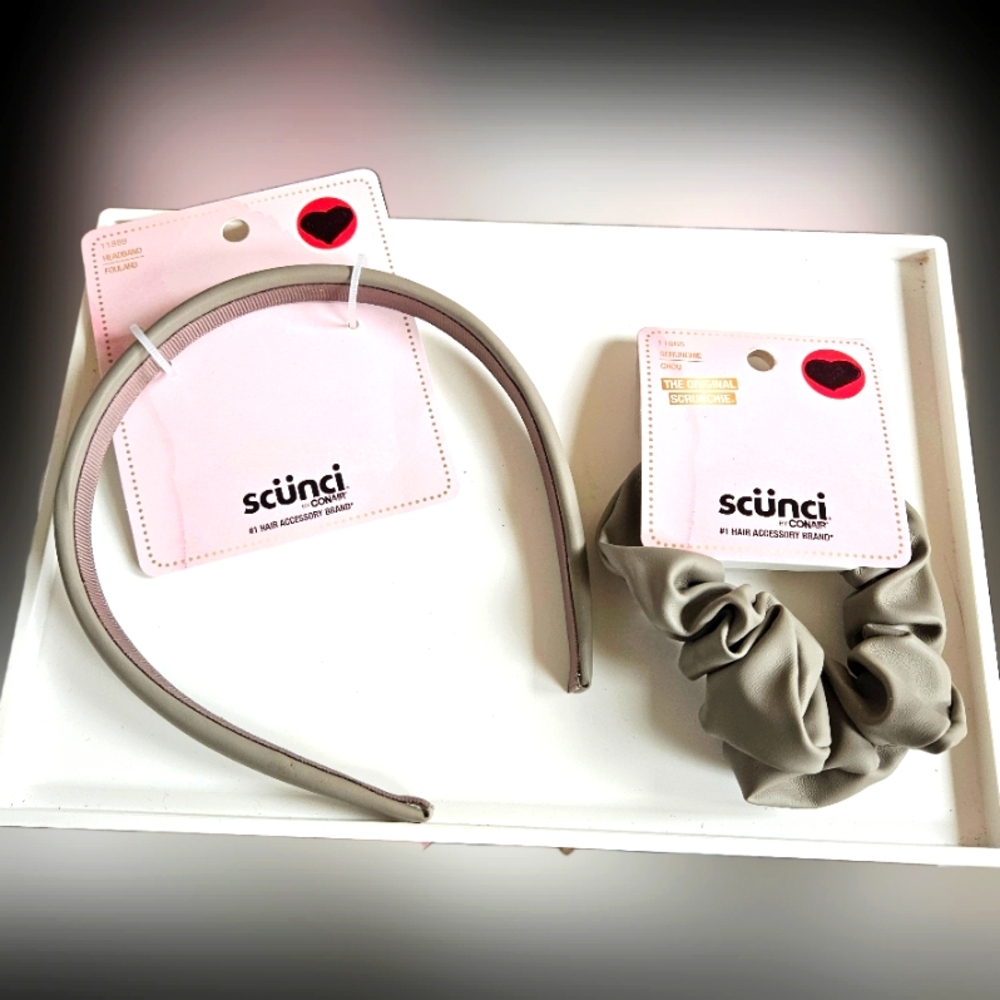 NWT SCÜNCI MATCHING BEIGE FAUX LEATHER HEADBAND & SCRUNCHIE SET!